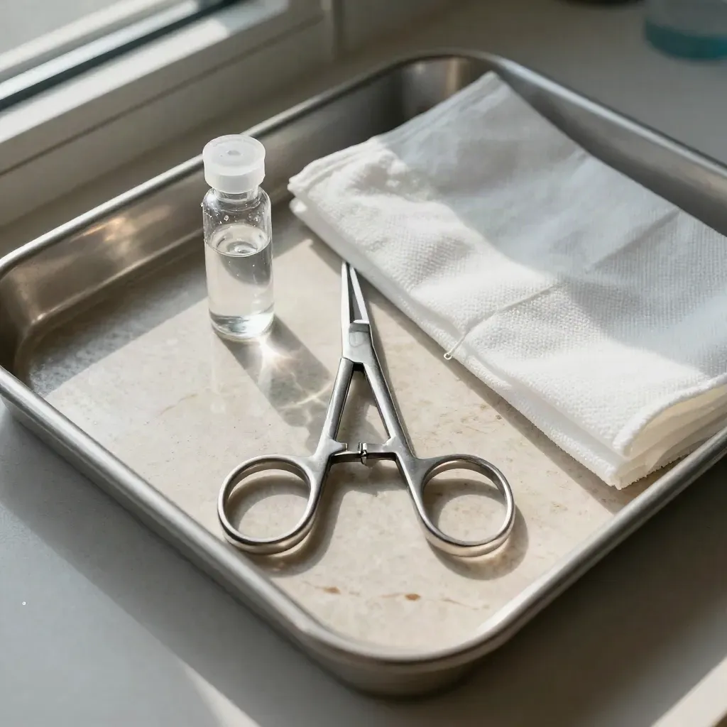 Top-down clinic still life with forceps, specimen vial and folded sterile drape on pale stone.