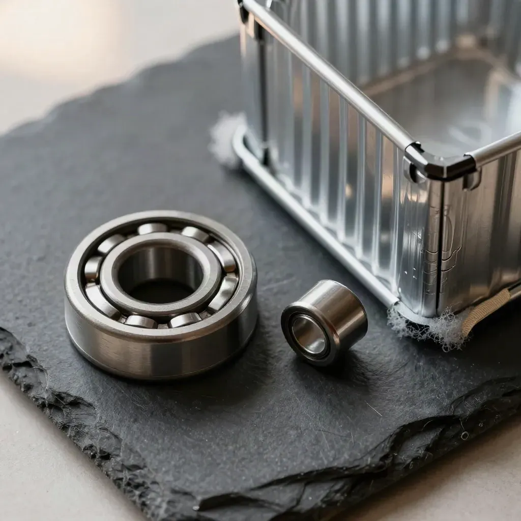 Top-down logistics still life with a freight seal, bearing wheel and crate corner on dark stone.