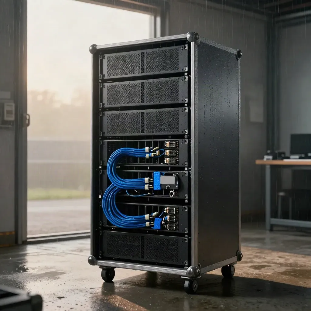 Moist server stack on a steel flight case with fibre leads and kit in soft dawn light.