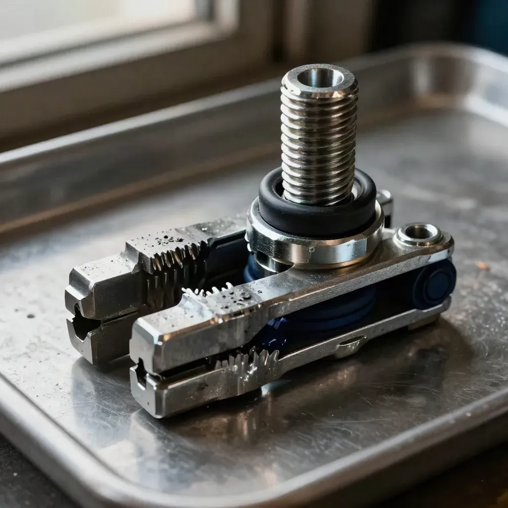Macro of rail maintenance hardware on brushed metal with oily sheen and deep navy accent.