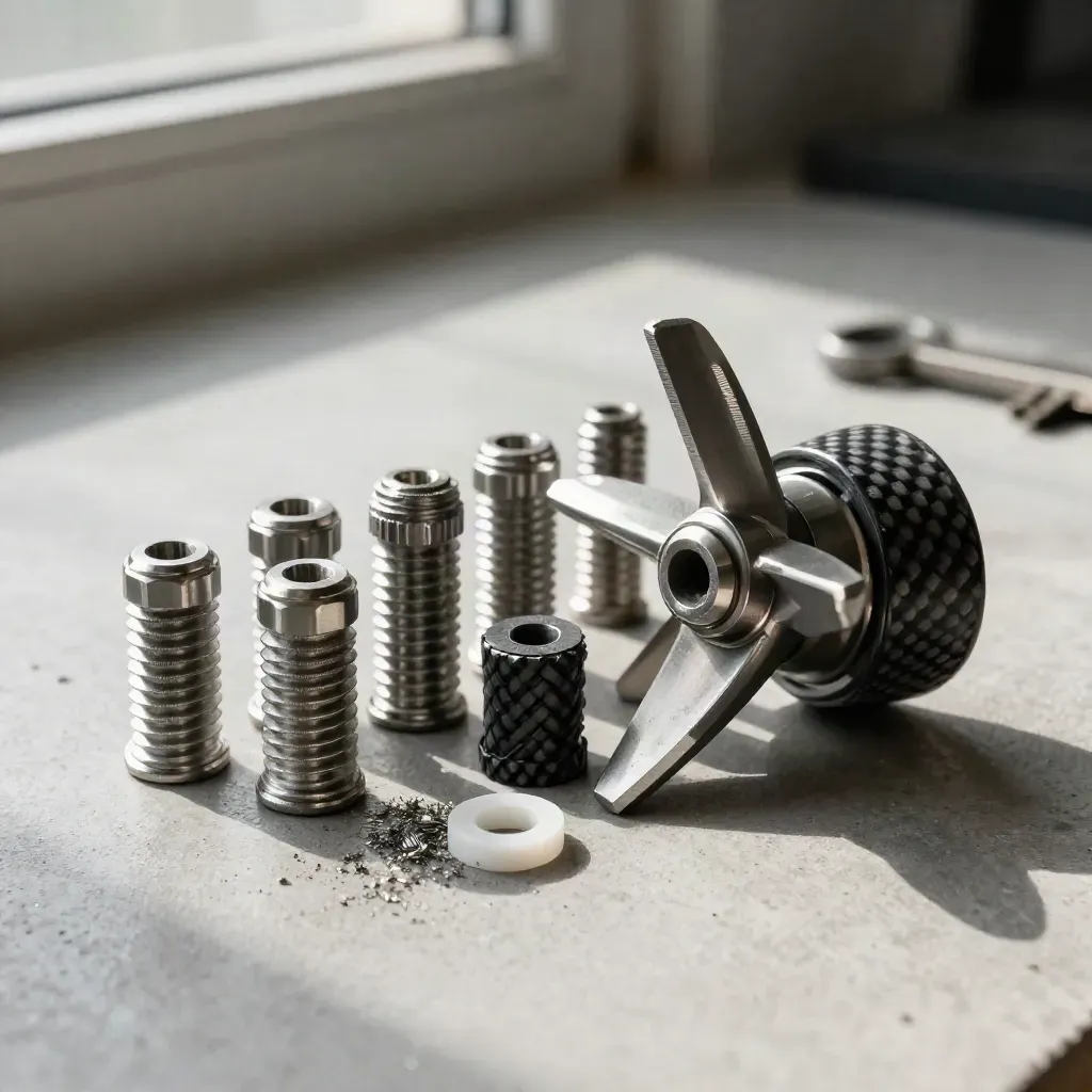 Titanium fasteners, turbine vane fragment and carbon-fibre spacer on pale concrete.