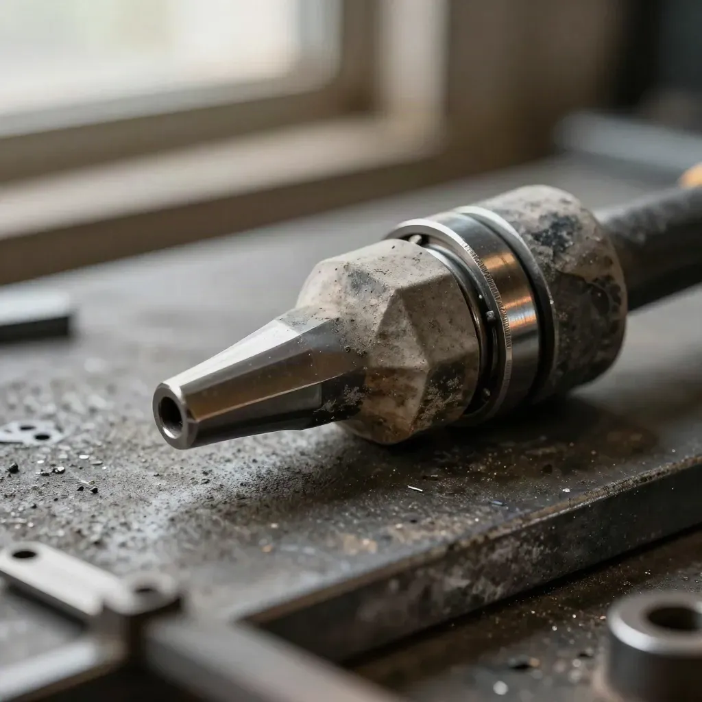 Macro of welding tip, ceramic nozzle and steel bearing race on dark concrete.