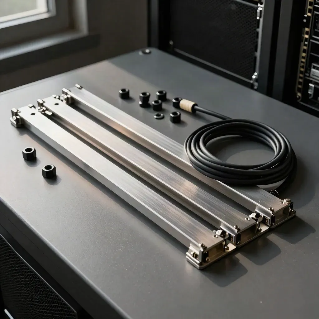 Top-down flat lay of rack rails, cage nuts, and a coiled patch cable on a graphite server bench.