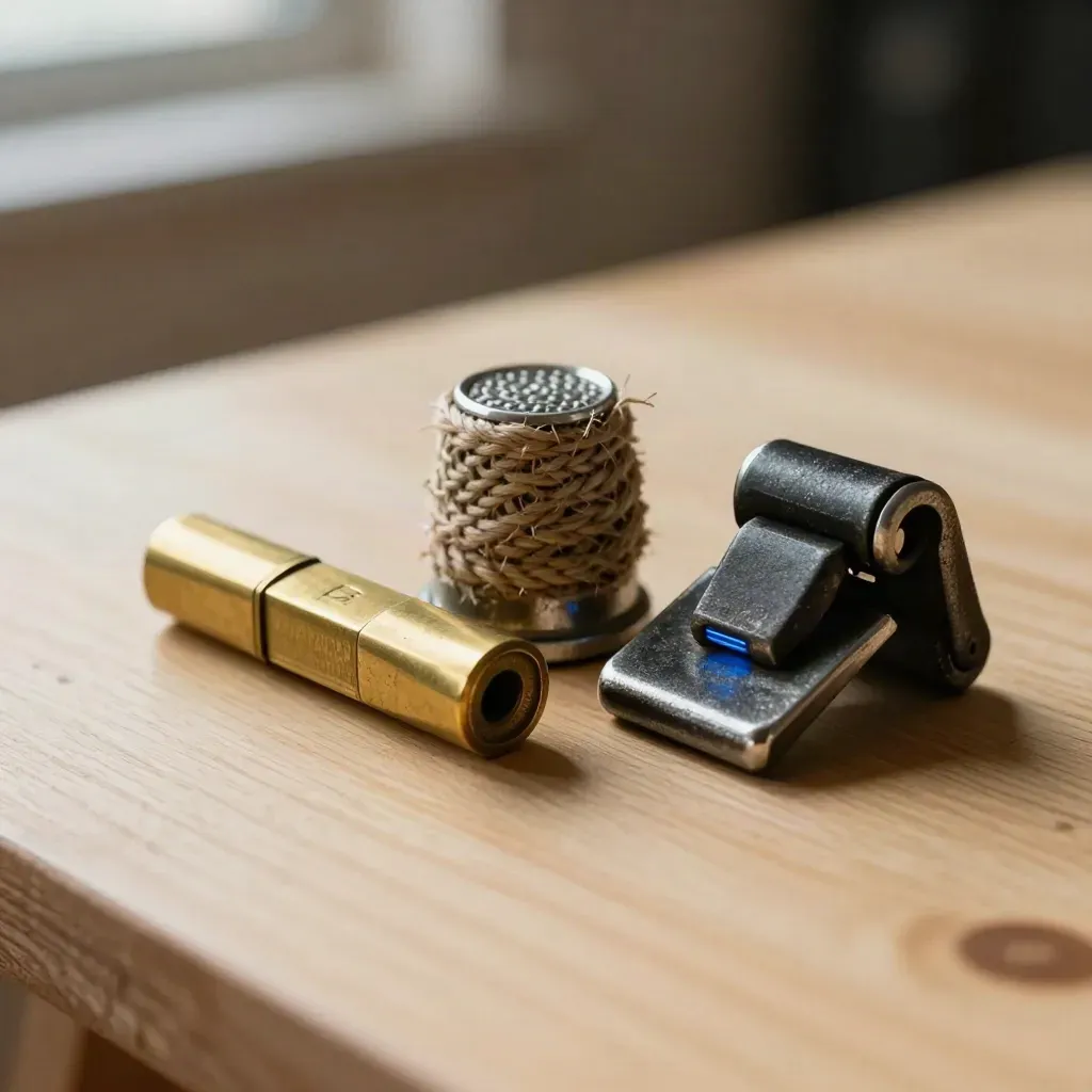 Brass cargo seal, rope thimble and deck latch on pale wood with blue accent