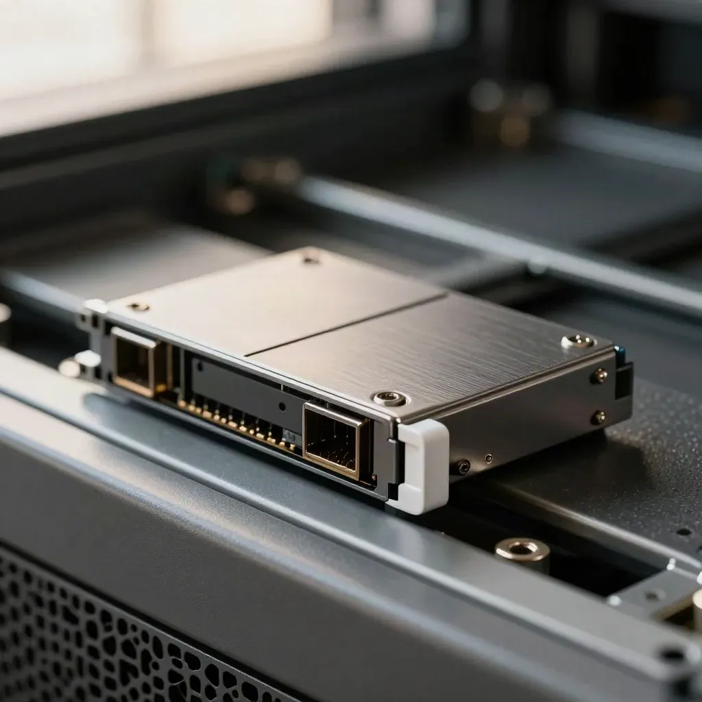 Hot-swap server sled sliding into a rack chassis, shot in tight macro with cool graphite metal textures.