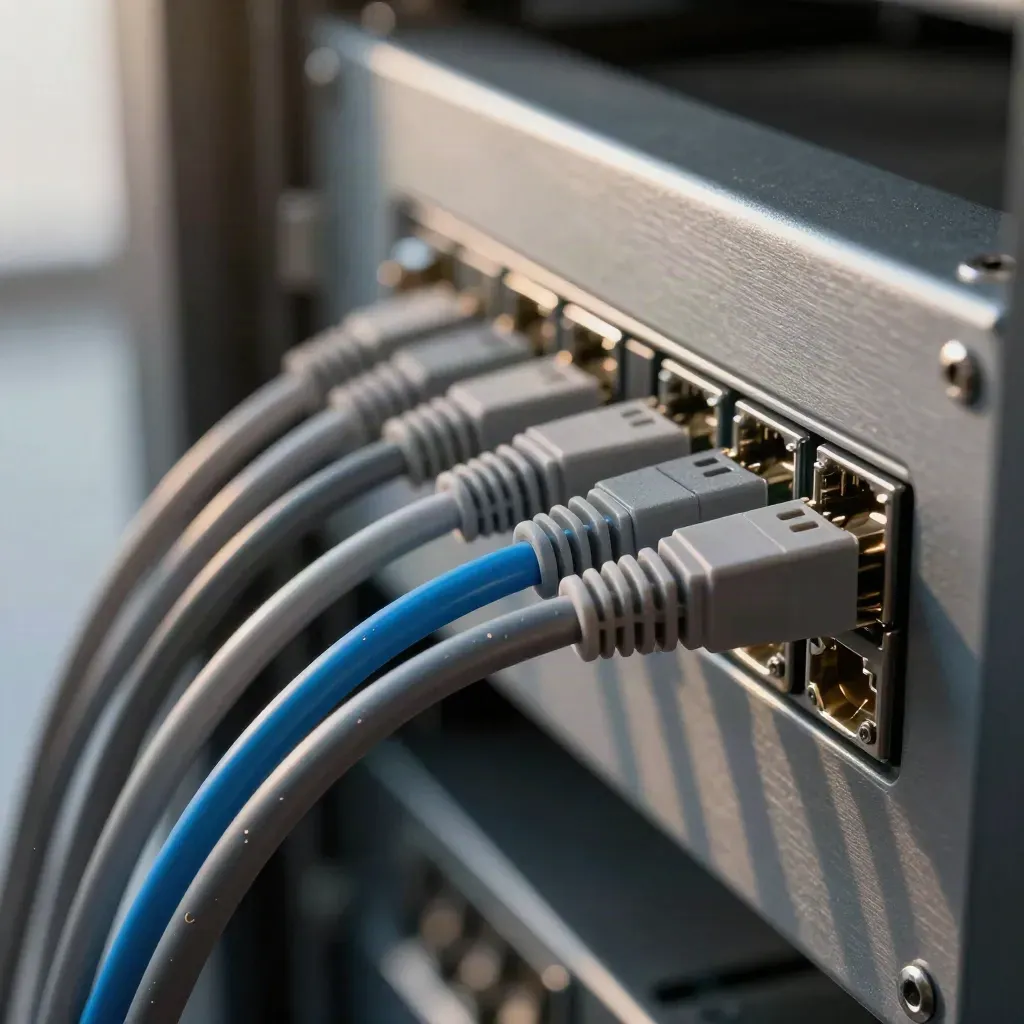Cable comb, patch leads, and connector boots on a graphite rack tray with blue accent