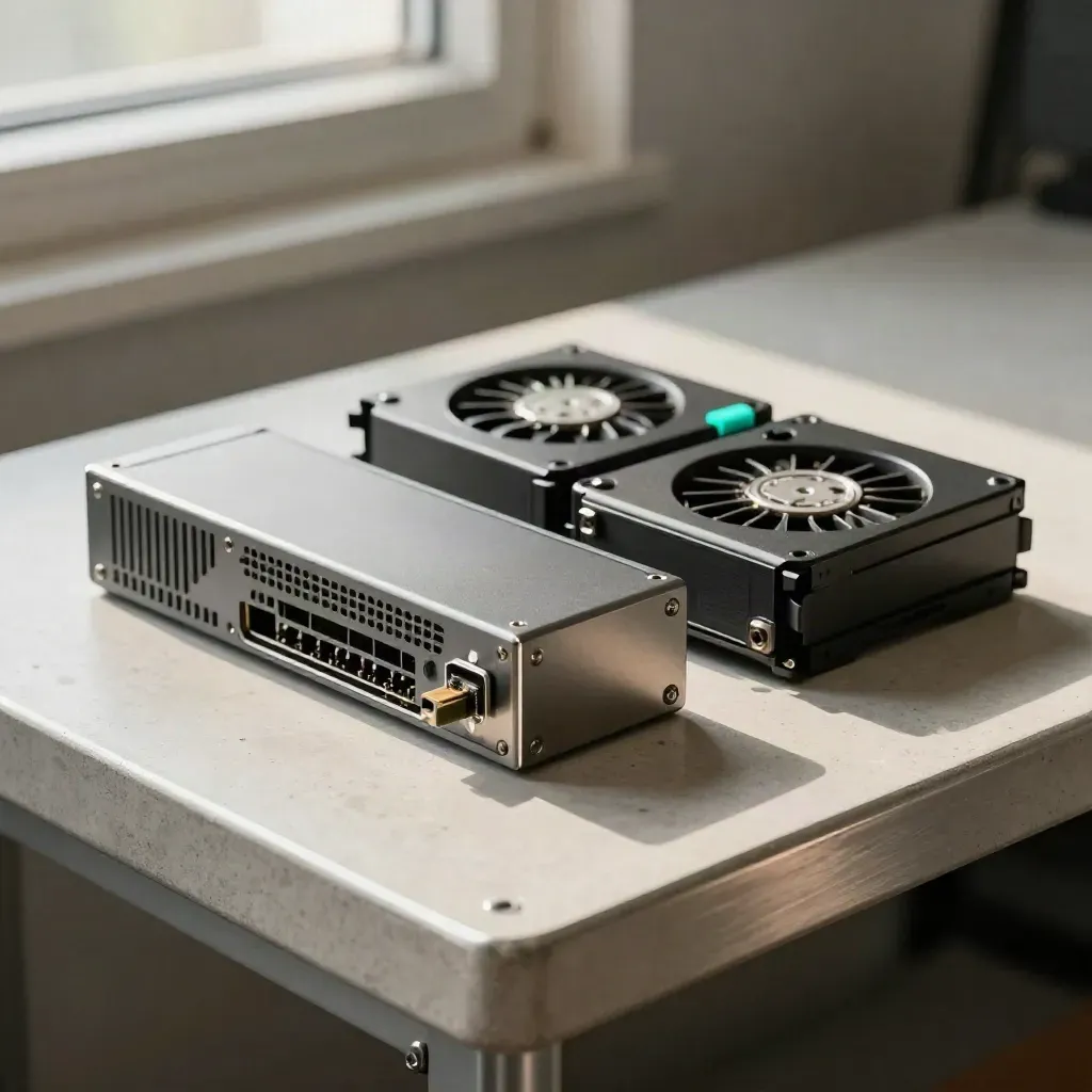 Hot-swap power modules and fan cartridge poised on a concrete bench for failover monitoring.