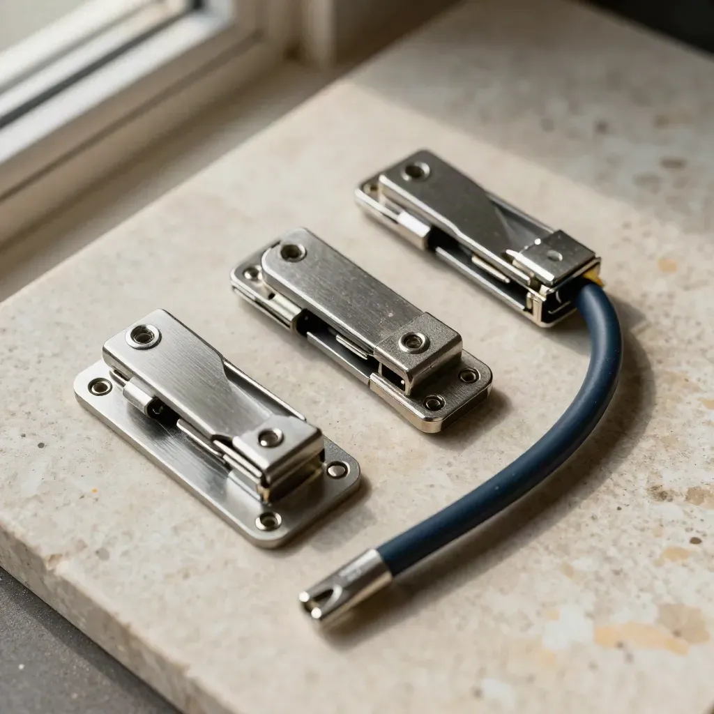 Top-down macro of a release latch, blanking plate, and cable harness on stone.