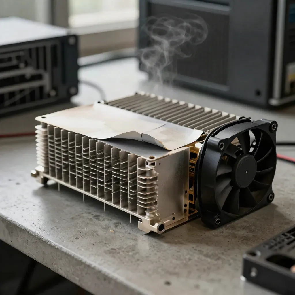 Heatsink block, thermal pad sheet, and fan shroud on a concrete bench with dramatic light.