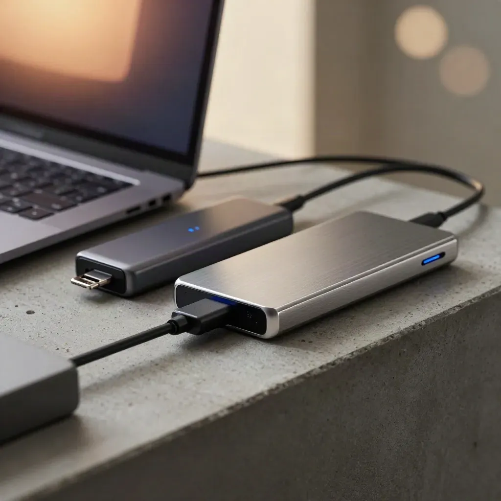 Closed laptop, dock, ethernet adapter, and SSD on a concrete shelf, seen through a rack rail.