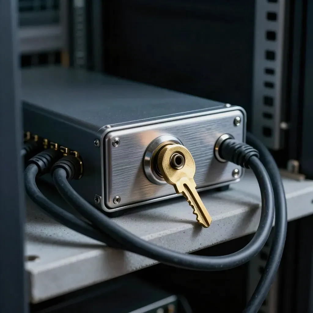 Brass rack key, lock cylinder and hardened switch module with cables on a concrete shelf.