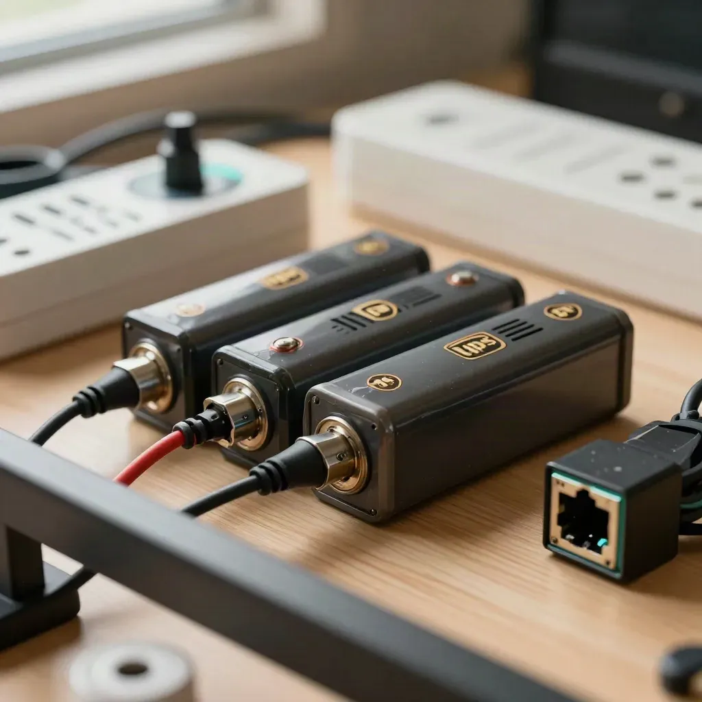 UPS battery cartridge, power strip and network module on oak, seen through a dark bracket