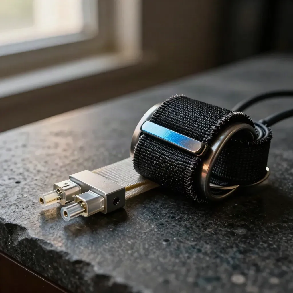 Anti-static wrist strap, fibre patch lead and rack ear on dark stone in warm macro light.