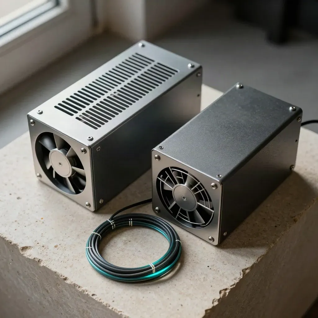 Top-down still life of mirrored power supplies, a fan module and fibre loop on pale stone