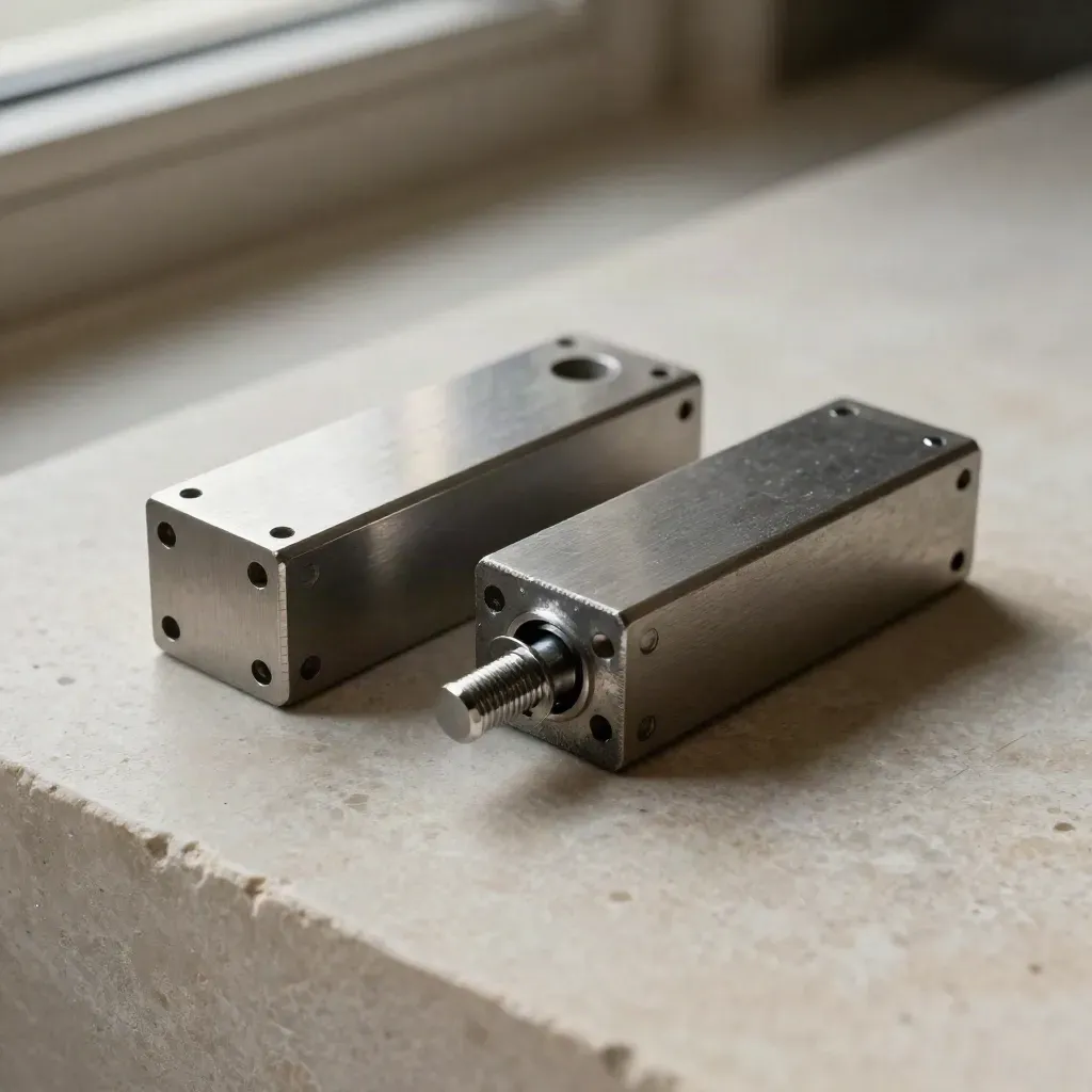 Overhead still life of machined connector blocks, steel pin, and sleeve on pale stone