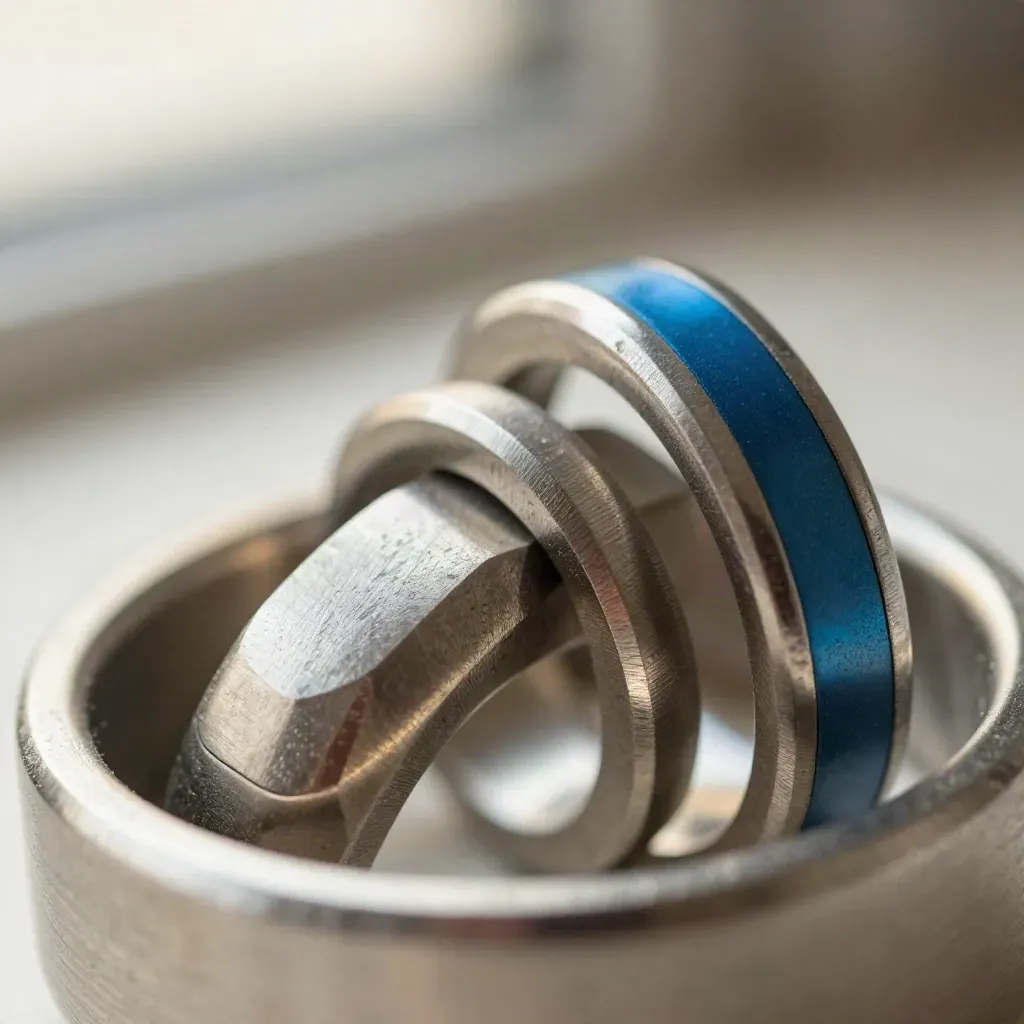 Macro of stainless rings and a connector block on brushed aluminium with a blue accent.