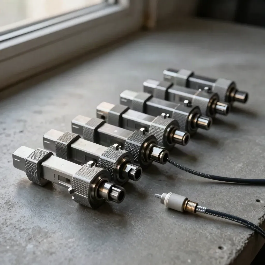 Bayonet couplers and an alignment collar on dark concrete with soft directional light.