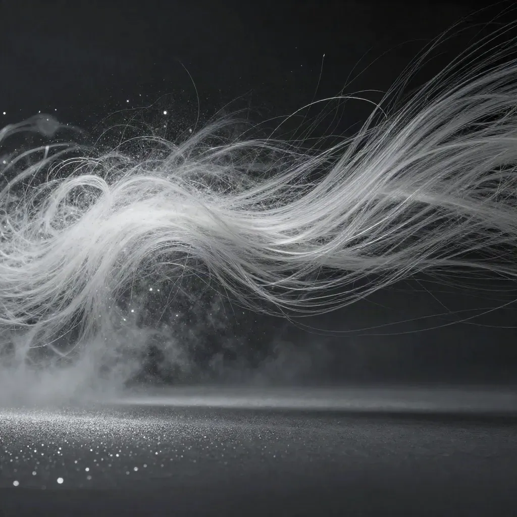 Silver particle filaments bloom in graphite space with calm empty copy space.