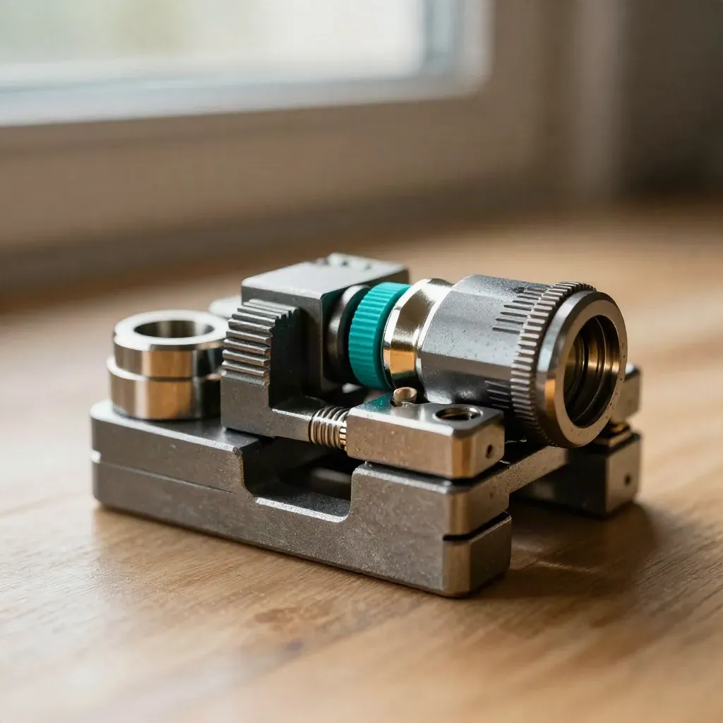 Cluster hardware on brushed metal: spacer blocks, cable clamp and connector cap in warm workshop light.